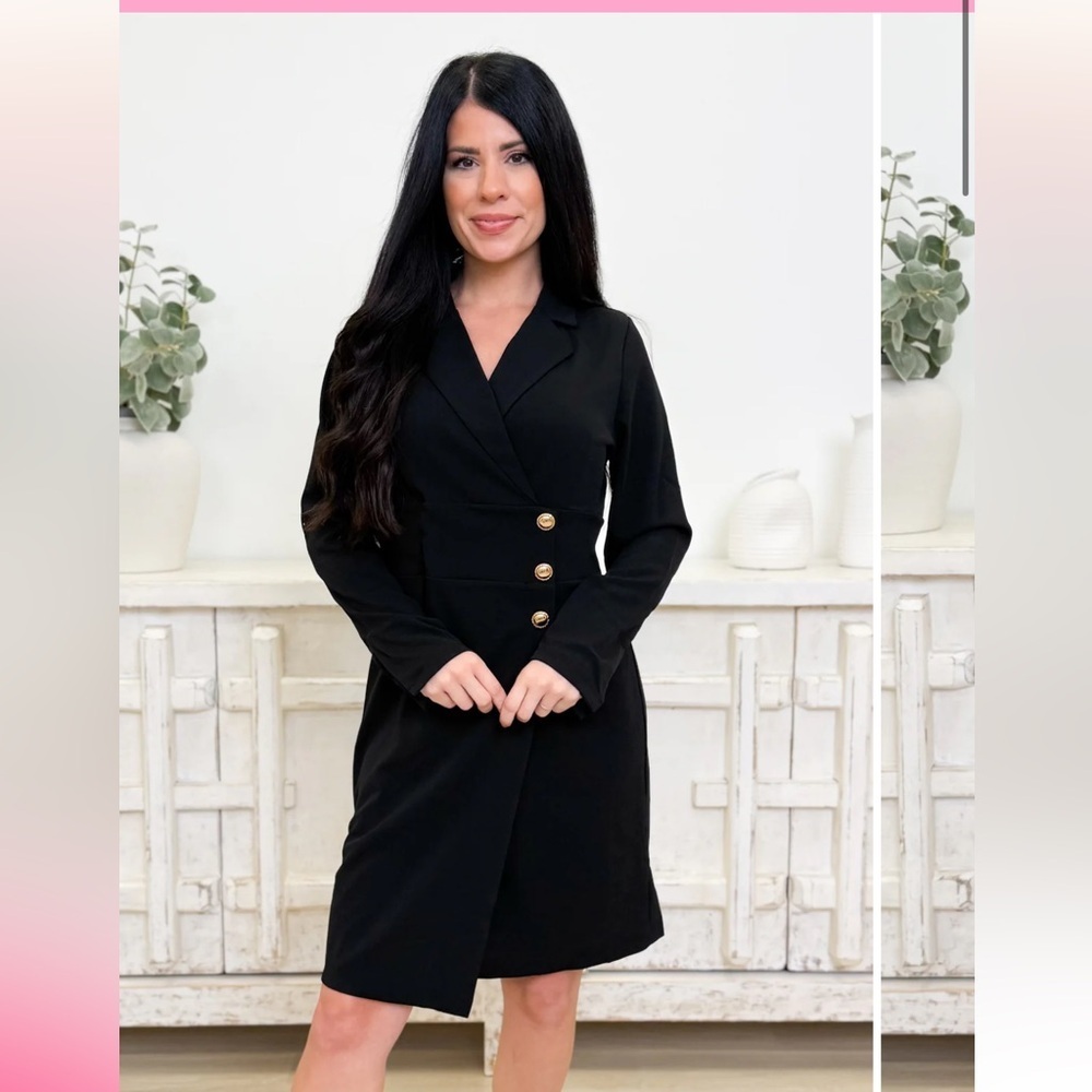 Elegant Black Blazer Dress NWT Medium with Gold Button Detail MSRP 65.99